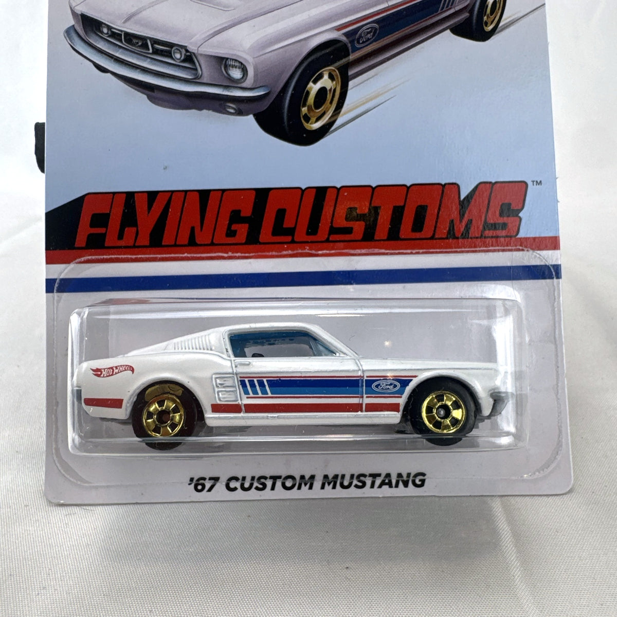 Hot Wheels Flying Customs 1:64 scale white 1967 Ford Mustang diecast car in original packaging