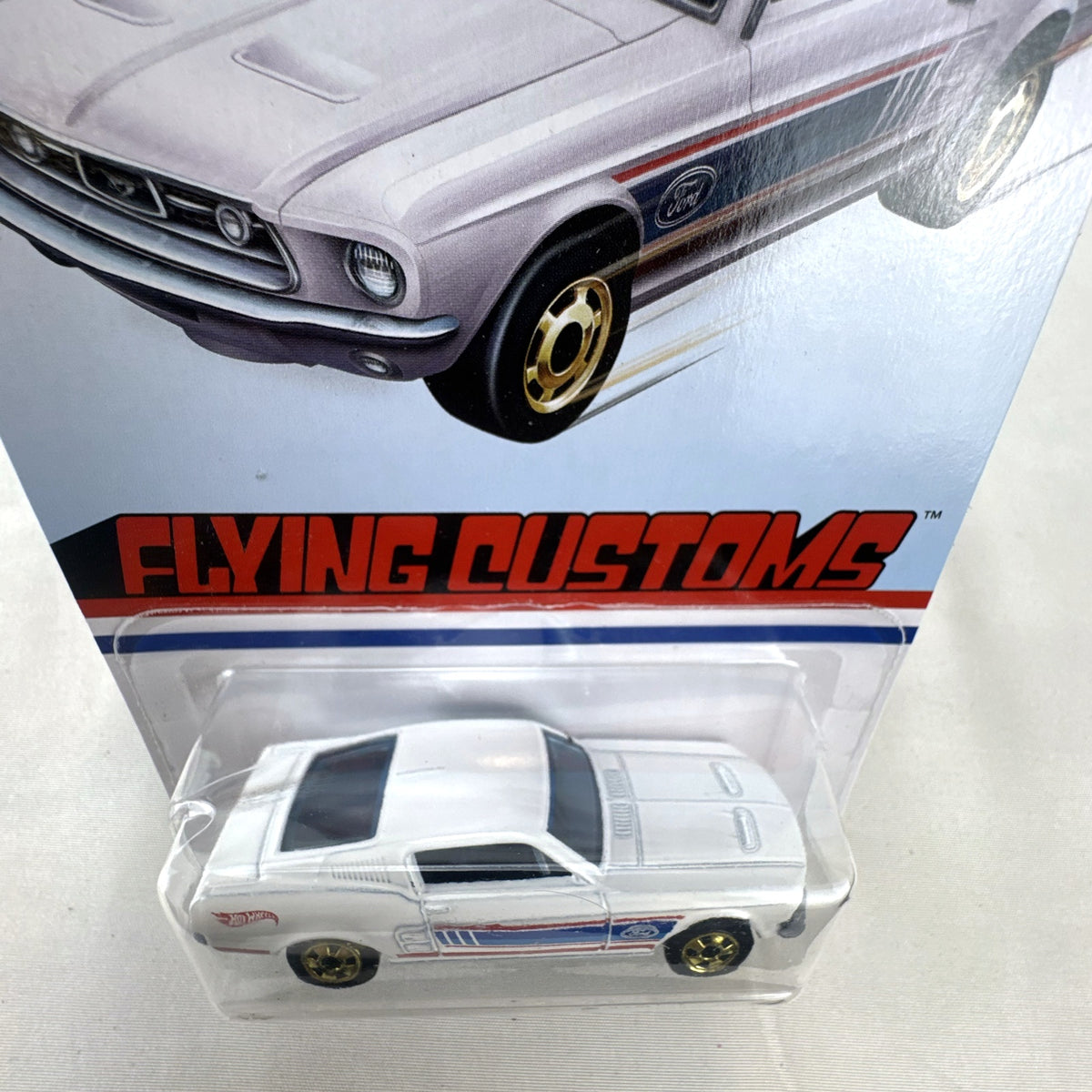 Hot Wheels Flying Customs 1:64 scale white 1967 Ford Mustang diecast car in original packaging