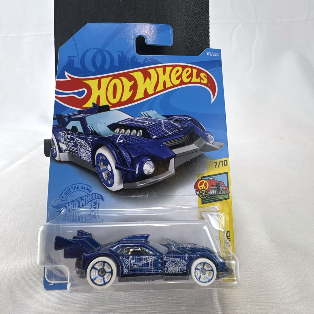 Hot Wheels GT Hunter HW Art Cars diecast vehicle in blue with white blueprint graphics