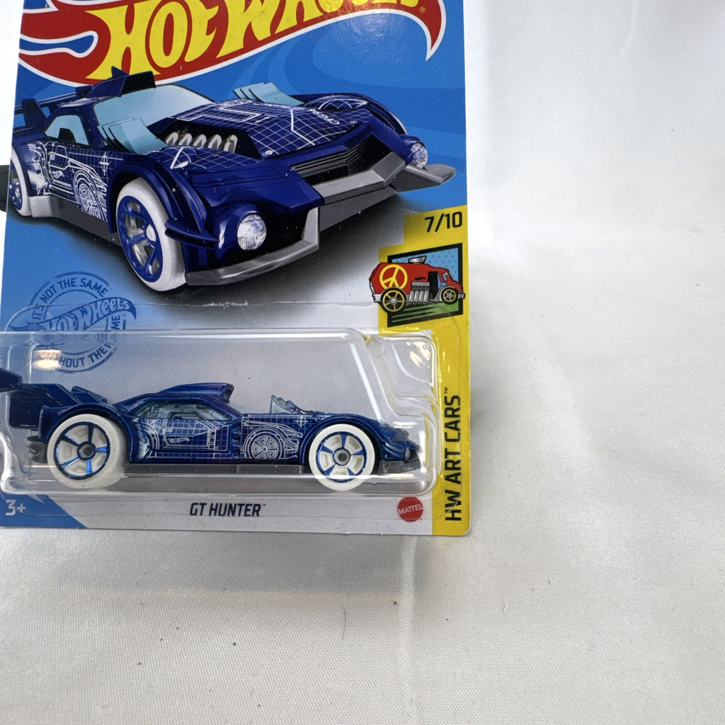 Hot Wheels GT Hunter HW Art Cars diecast vehicle in blue with white blueprint graphics