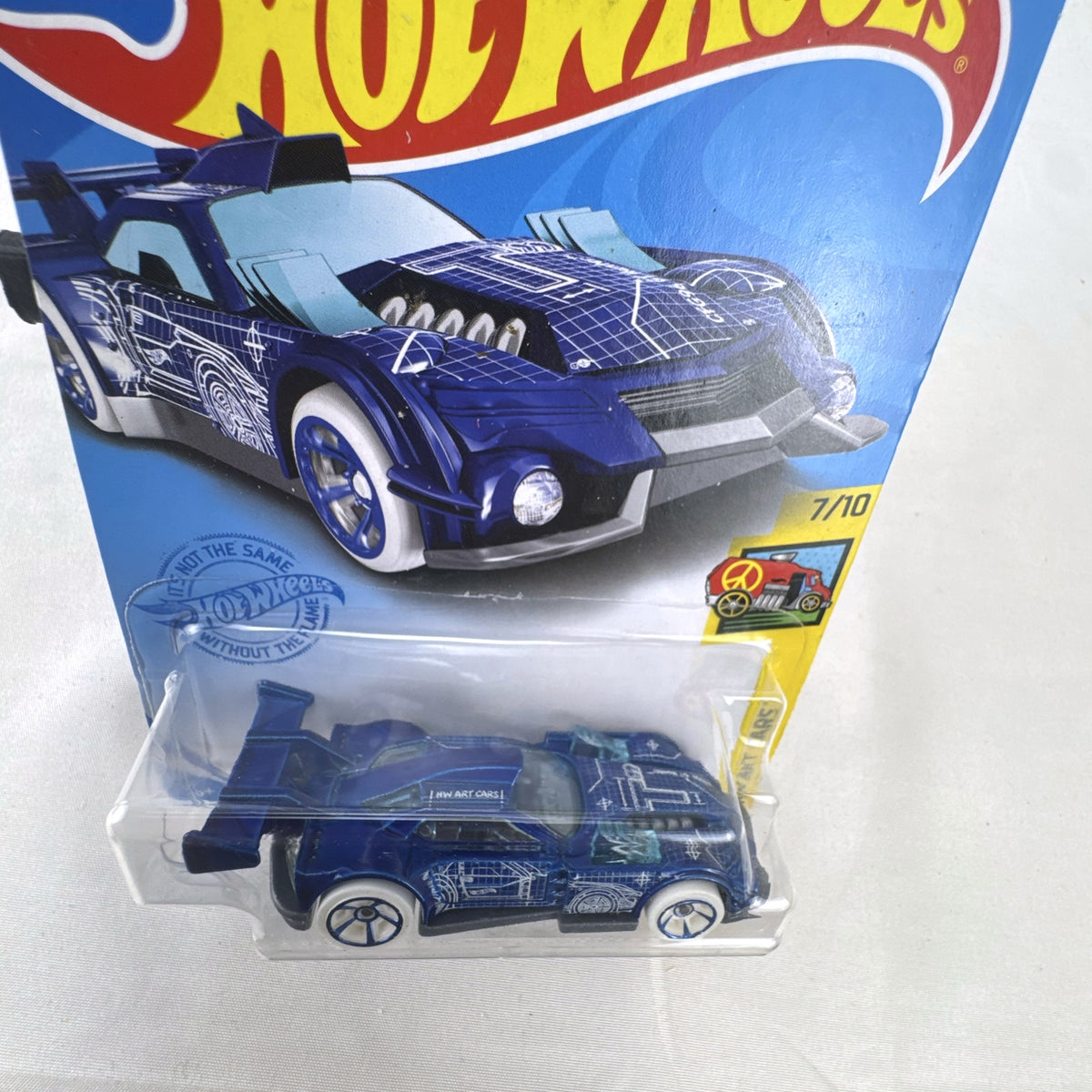 Hot Wheels GT Hunter HW Art Cars diecast vehicle in blue with white blueprint graphics