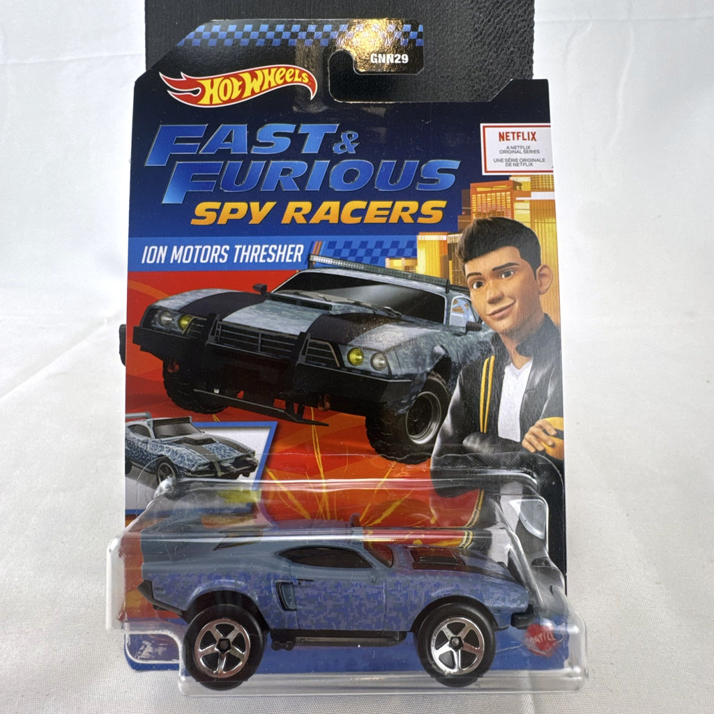 Hot Wheels 1:64 scale Fast & Furious Spy Racers Ion Motors Thresher diecast car in blue digital camo blister card