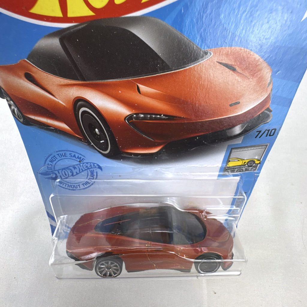 Hot Wheels 1:64 scale 2020 McLaren Speedtail diecast car in metallic orange on original Factory Fresh blister card.