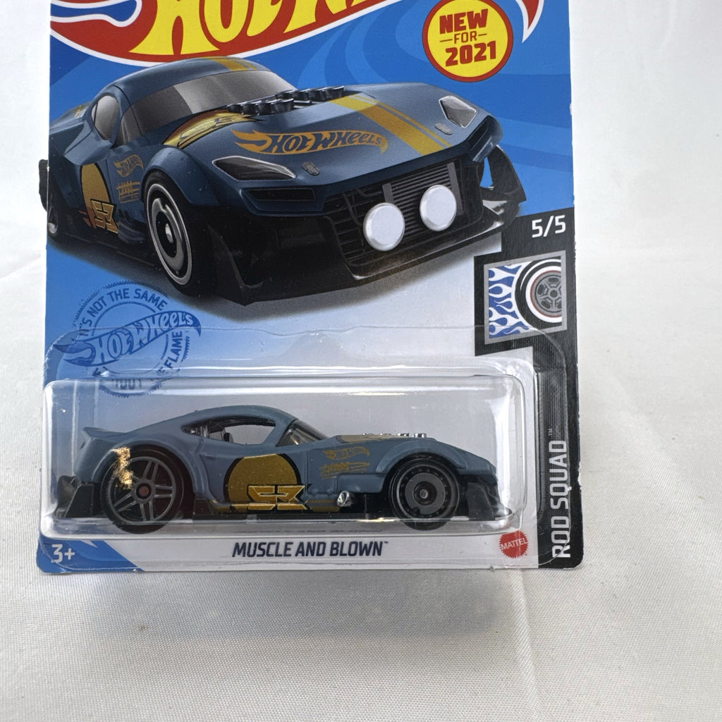 Hot Wheels Muscle and Blown 1:64 scale diecast car in blue on original 2021 Rod Squad blister card packaging