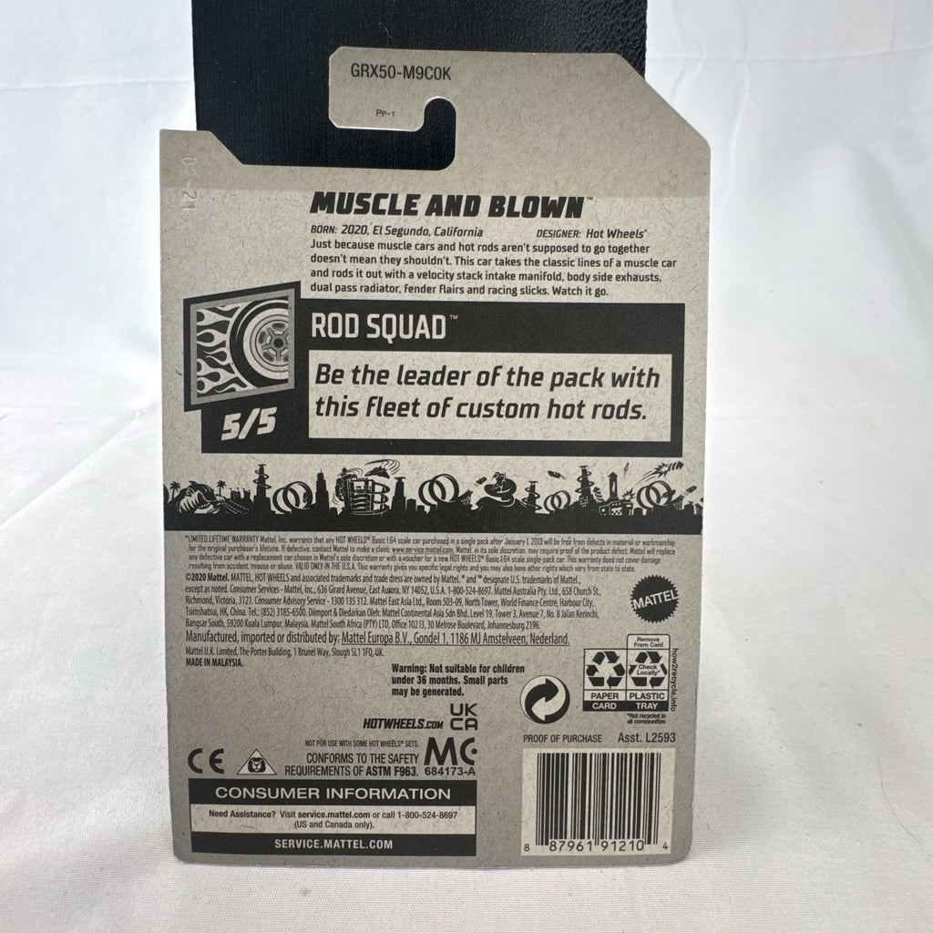 Hot Wheels Muscle and Blown 1:64 scale diecast car in blue on original 2021 Rod Squad blister card packaging