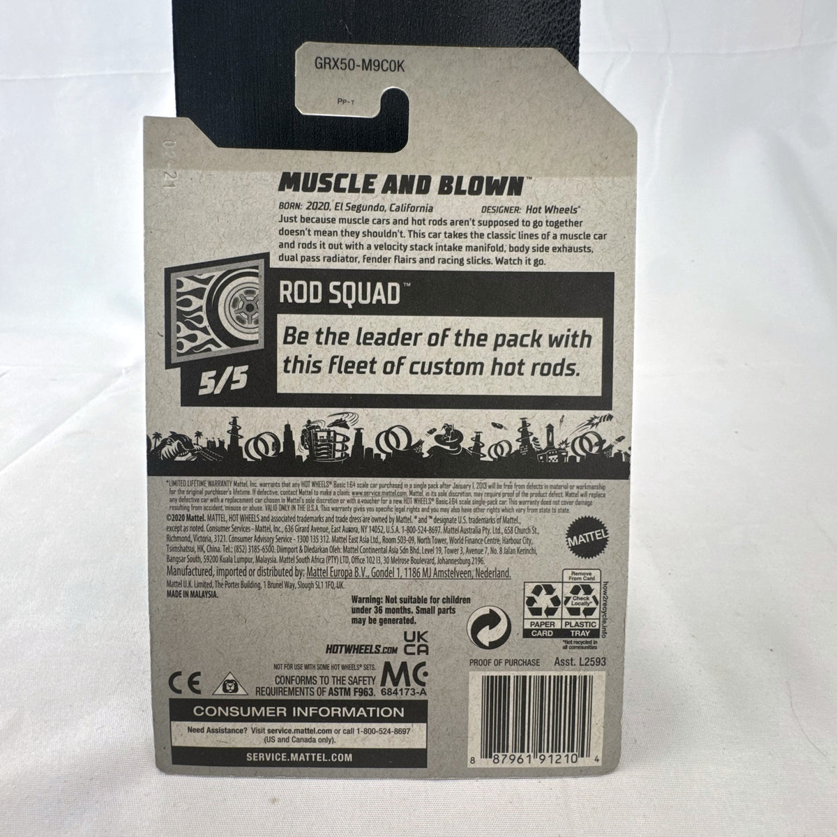 Hot Wheels Muscle and Blown 1:64 scale diecast car in blue on original 2021 Rod Squad blister card packaging