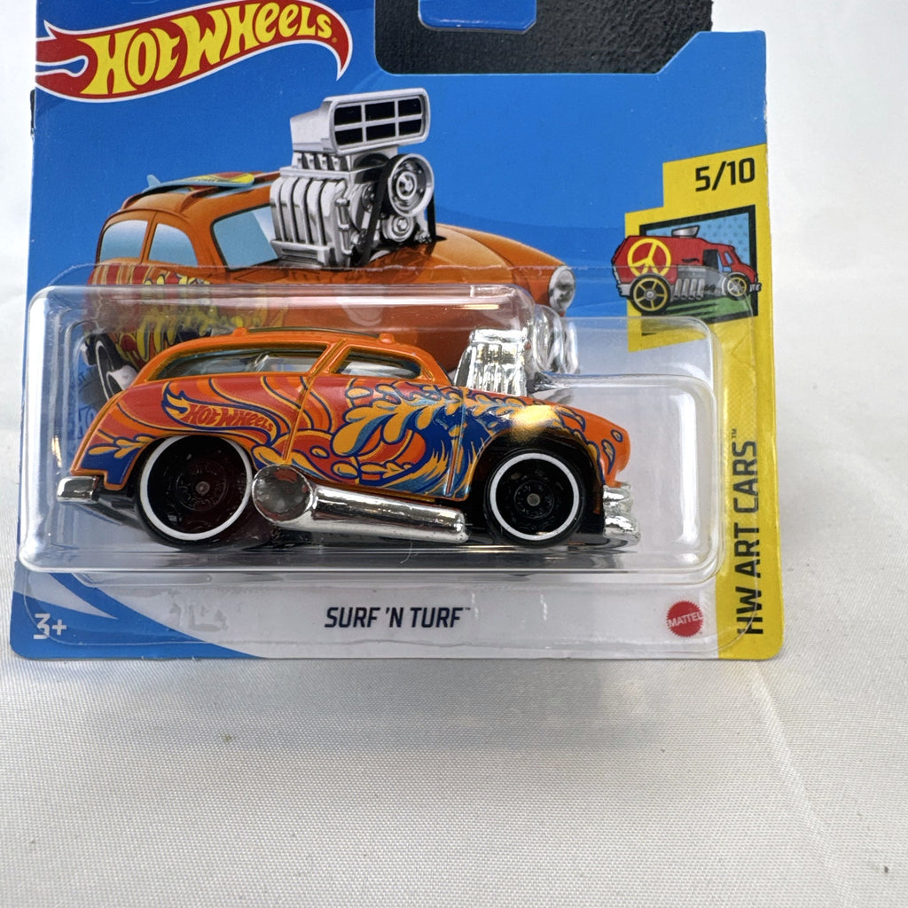 Hot Wheels Surf 'N Turf 2021 HW Art Cars 1:64 scale diecast wagon in bright orange packaging