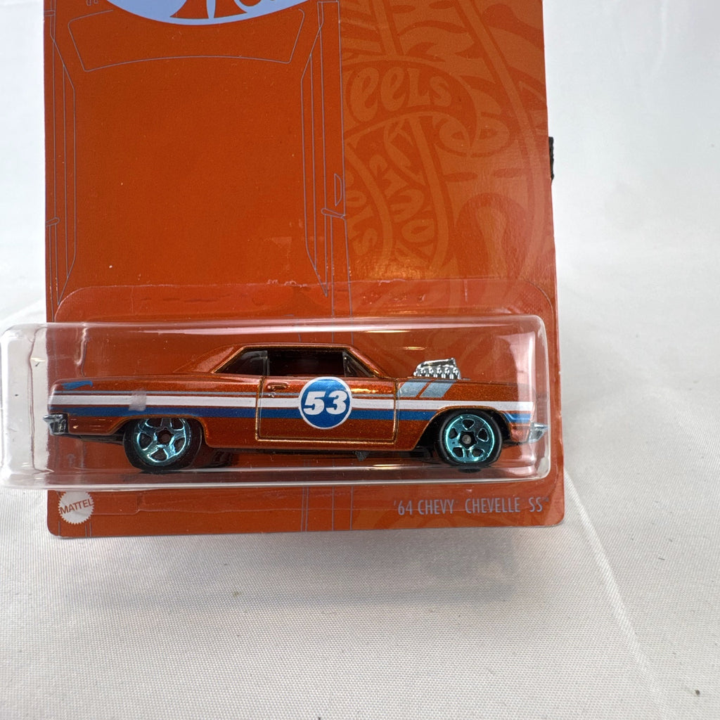 Hot Wheels 53rd Anniversary 1964 Chevrolet Chevelle SS 1:64 scale diecast car in metallic orange on blister card