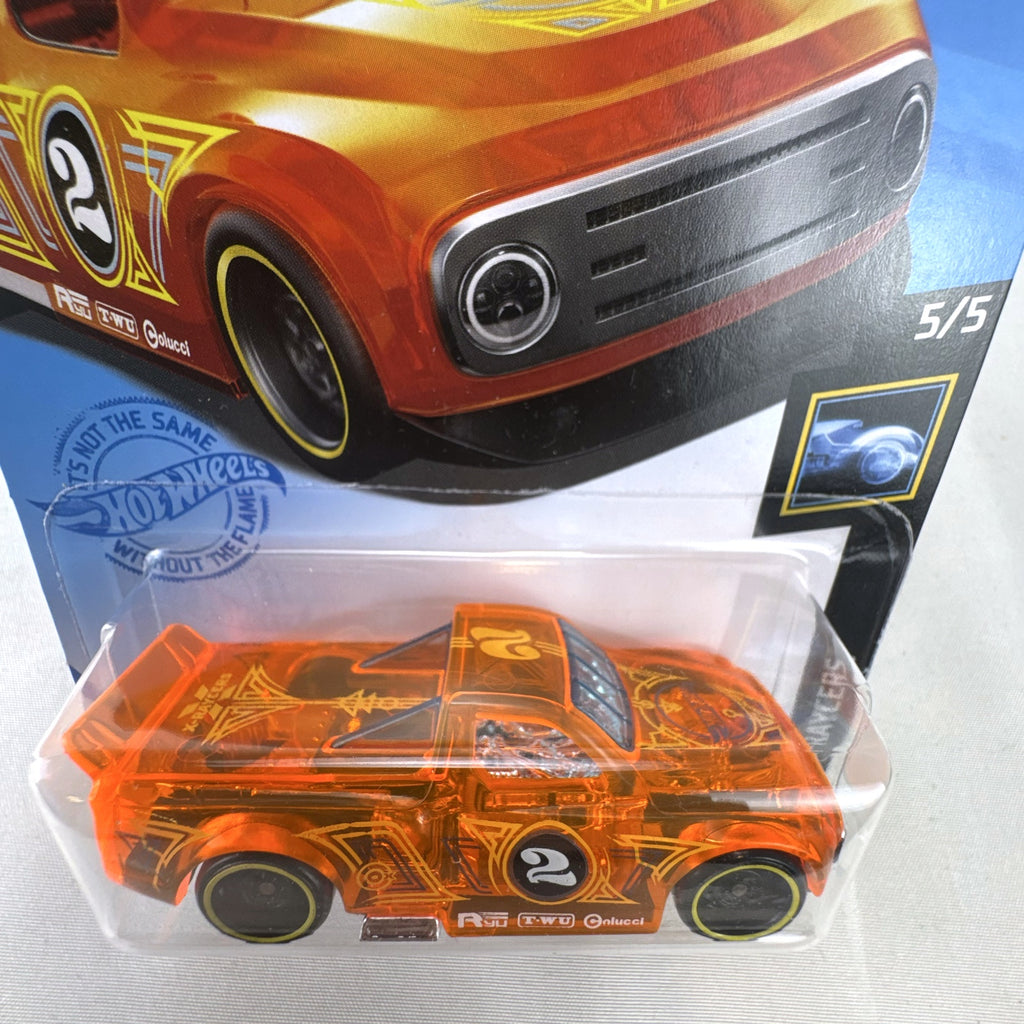 Hot Wheels Draftnator 1:64 scale pickup truck in translucent orange on original blister card