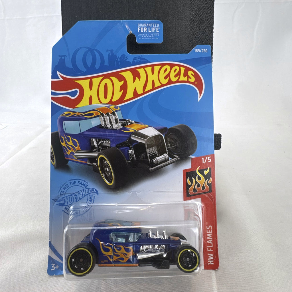 Hot Wheels Mod Rod diecast coupe in blue with HW Flames graphics sealed on card