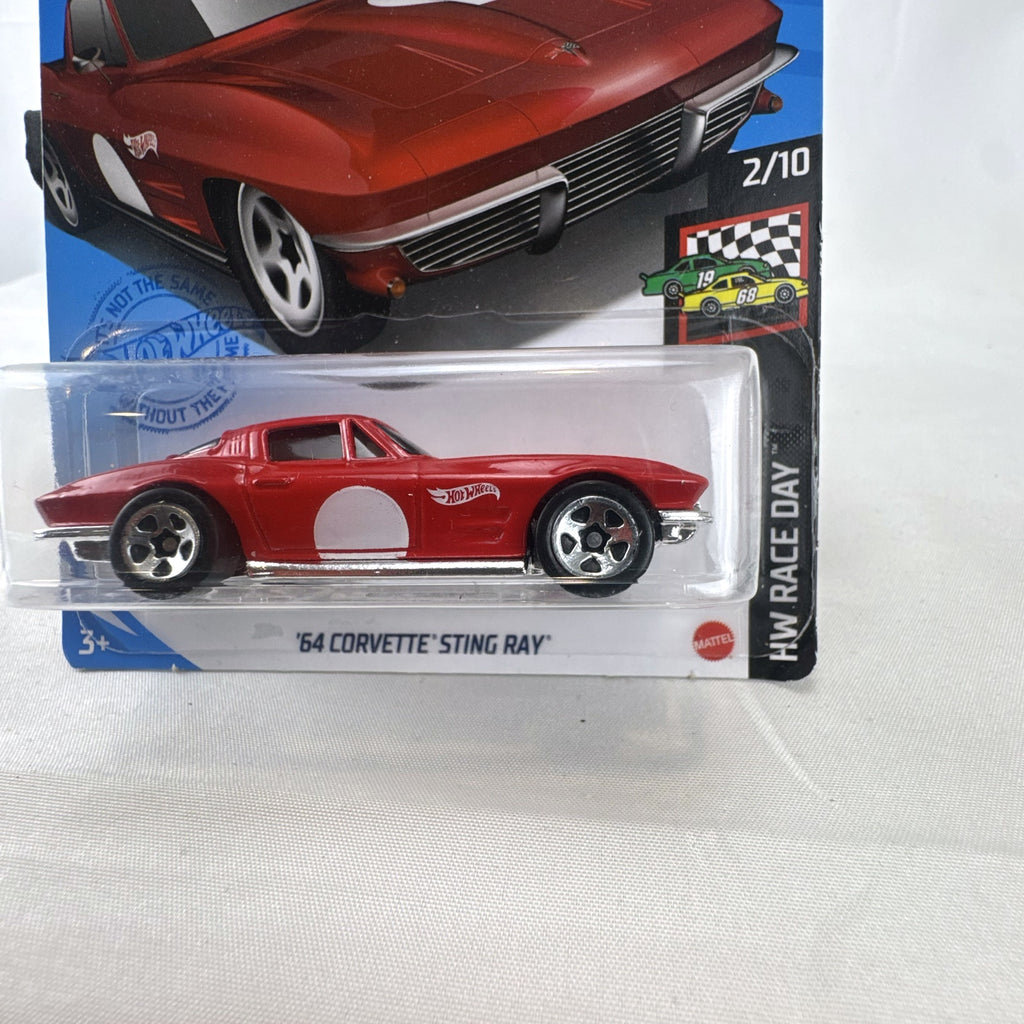 Hot Wheels 1964 Chevrolet Corvette Sting Ray 1:64 scale diecast car in red, sealed on original HW Race Day card package.