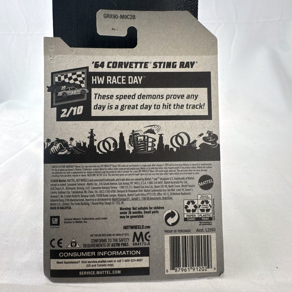 Hot Wheels 1964 Chevrolet Corvette Sting Ray diecast car in red, factory sealed on HW Race Day blister card