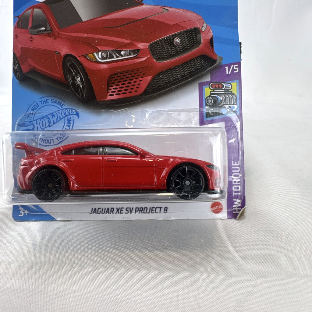 Hot Wheels red Jaguar XE SV Project 8 diecast car sealed on card