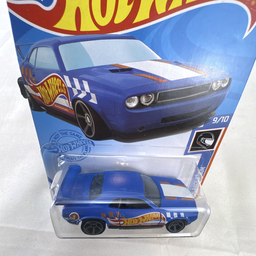 Hot Wheels 1:64 scale Dodge Challenger Drift Car in blue HW Race Team livery sealed on card