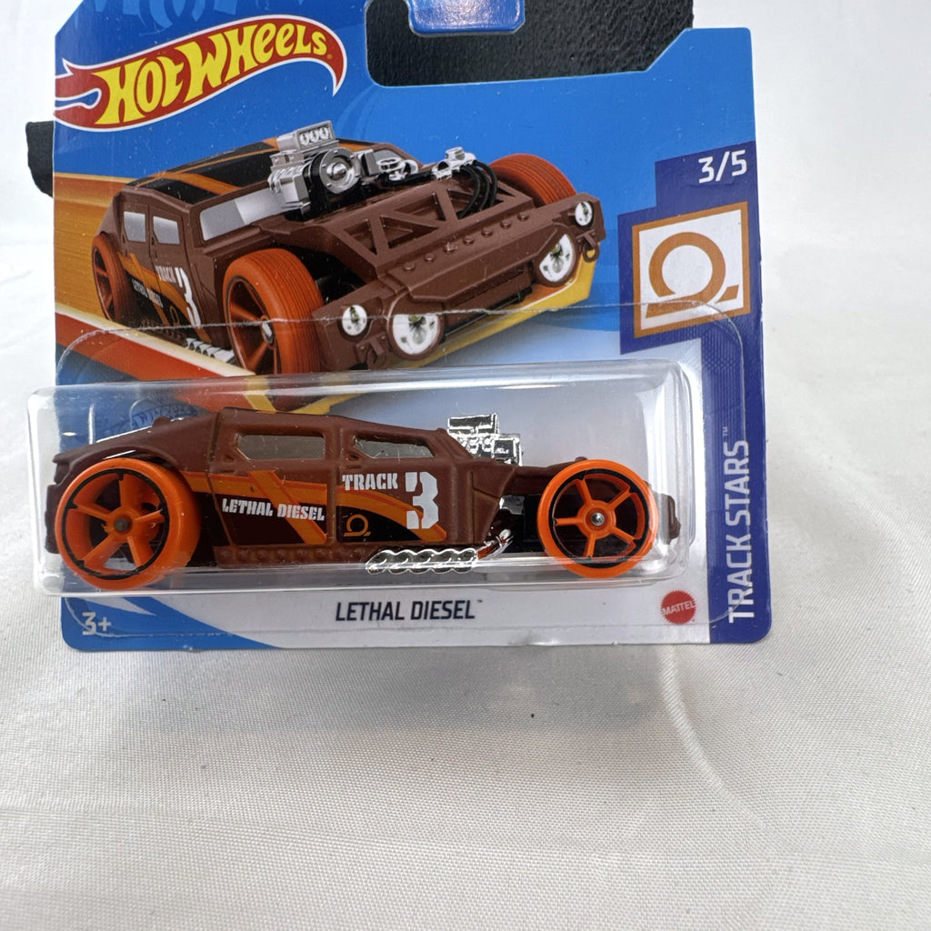 Sealed 2021 Hot Wheels Lethal Diesel diecast model car in matte brown with orange graphics and exposed twin turbo engine.