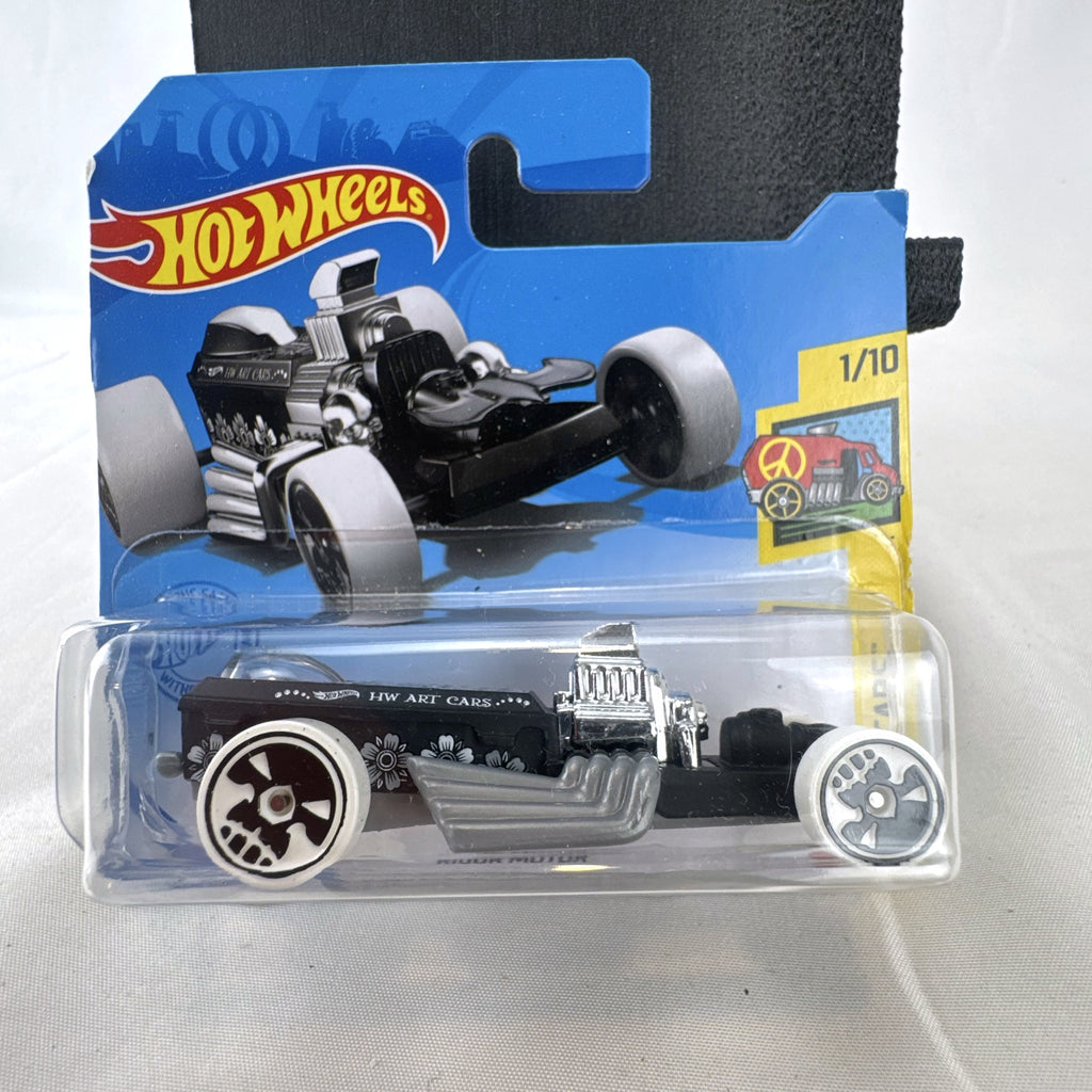 Hot Wheels 2021 Rigor Motor HW Art Cars 1:64 scale diecast car in black with skull wheels on blister card