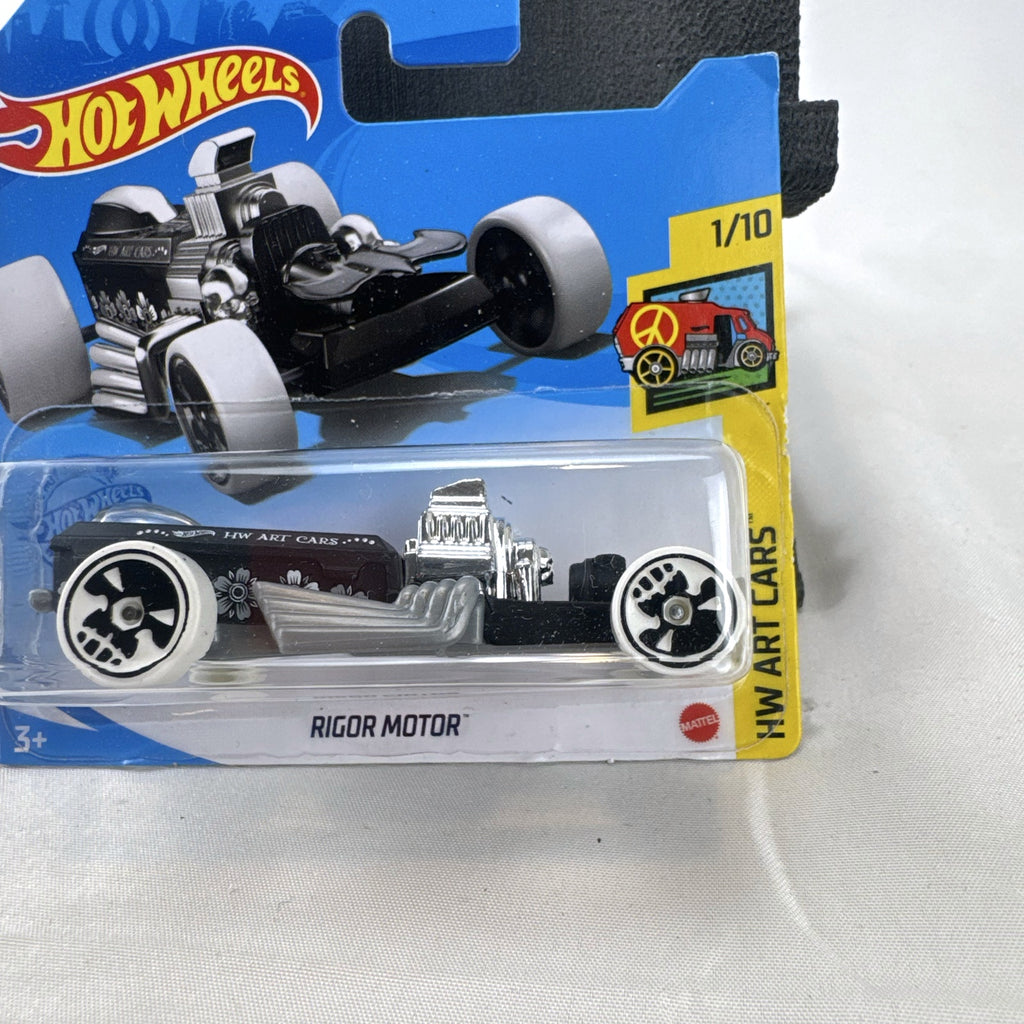 Hot Wheels 2021 Rigor Motor HW Art Cars 1:64 scale diecast car in black with skull wheels on blister card
