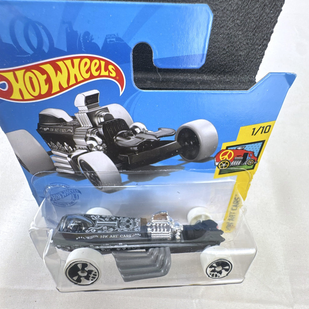 Hot Wheels 2021 Rigor Motor HW Art Cars 1:64 scale diecast car in black with skull wheels on blister card
