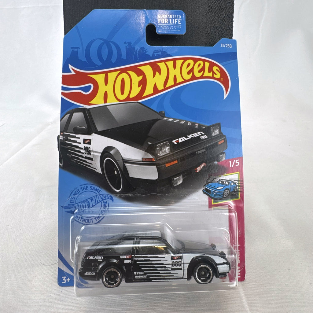 Sealed Hot Wheels 1:64 scale Toyota AE86 Sprinter Trueno in black and white Falken Formula Drift racing livery