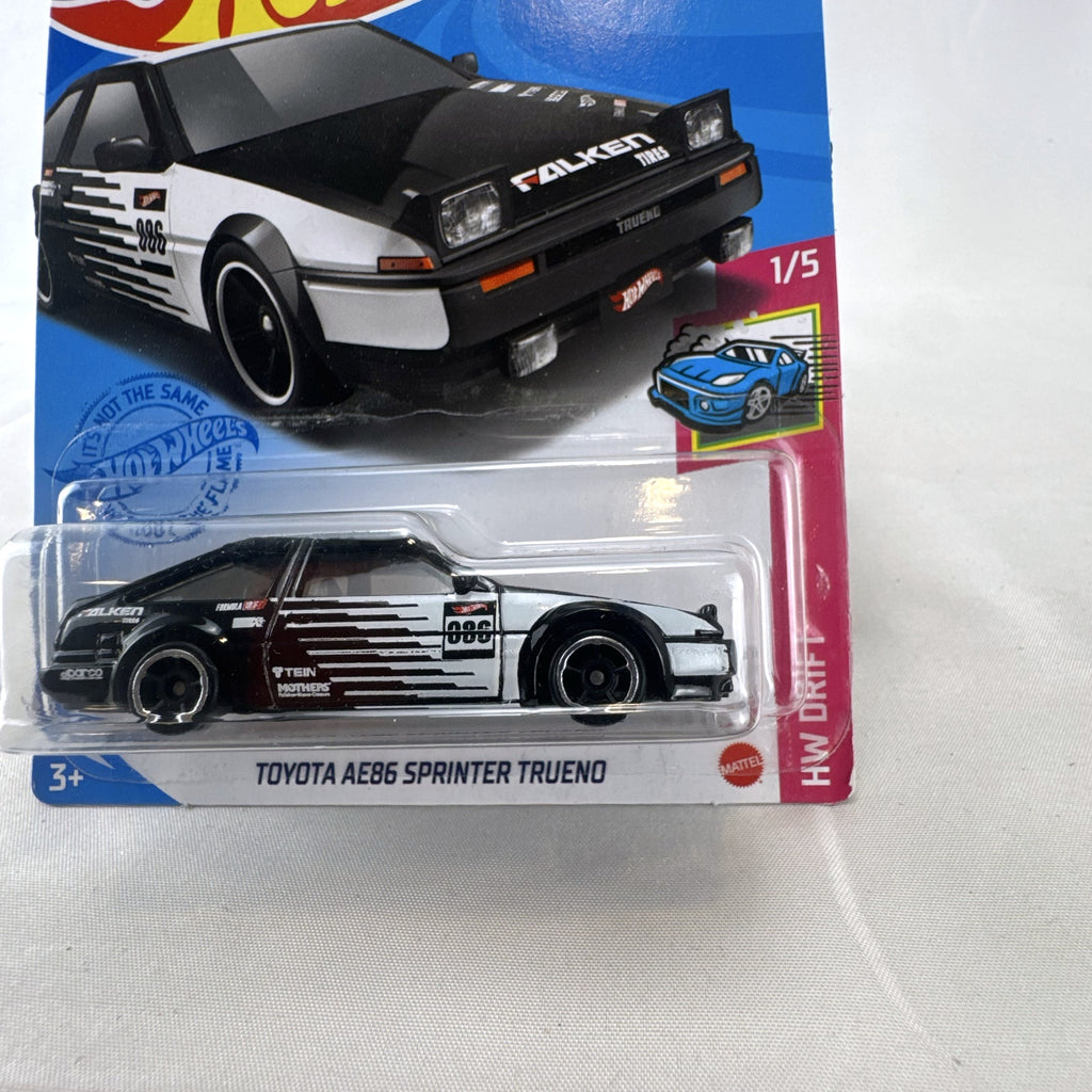 Sealed Hot Wheels 1:64 scale Toyota AE86 Sprinter Trueno in black and white Falken Formula Drift racing livery
