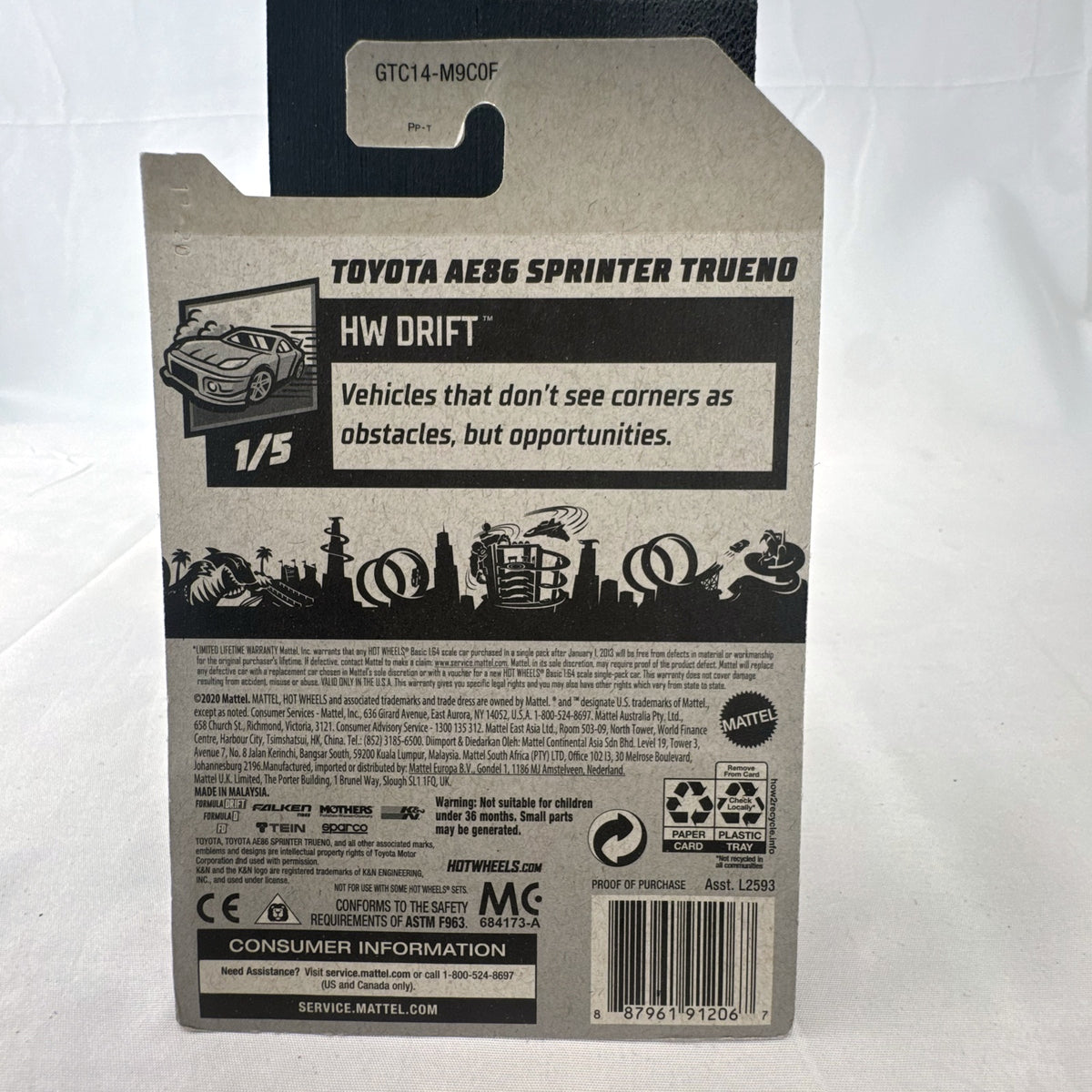 Sealed Hot Wheels 1:64 scale Toyota AE86 Sprinter Trueno in black and white Falken Formula Drift racing livery