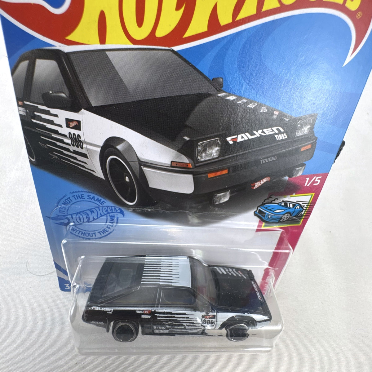 Sealed Hot Wheels 1:64 scale Toyota AE86 Sprinter Trueno in black and white Falken Formula Drift racing livery