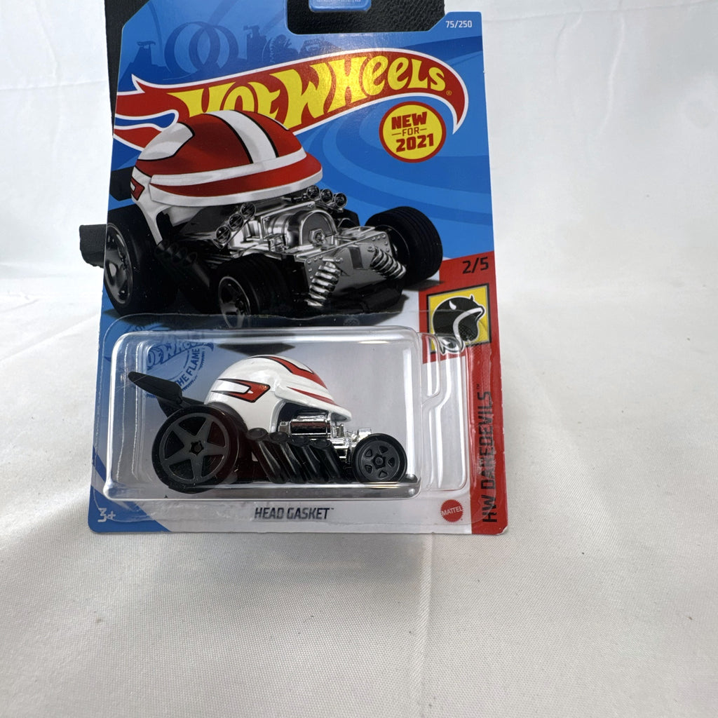 Hot Wheels 2021 Head Gasket white helmet diecast hot rod car in sealed original blister card packaging.
