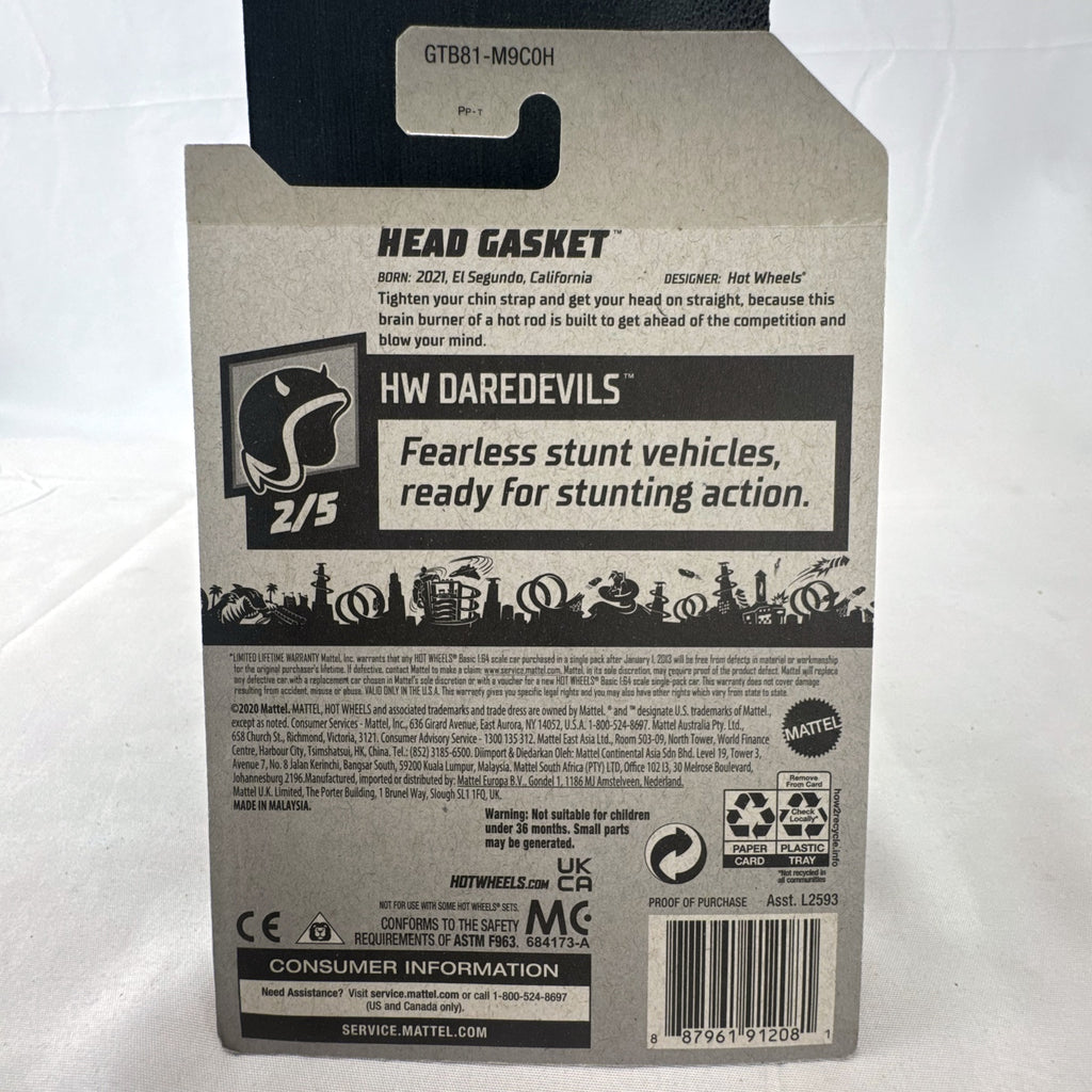 Hot Wheels 2021 Head Gasket white helmet diecast hot rod car in sealed original blister card packaging.