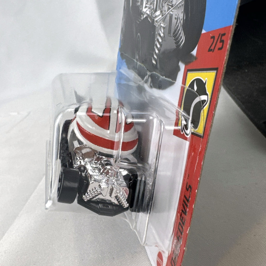Hot Wheels 2021 Head Gasket white helmet diecast hot rod car in sealed original blister card packaging.