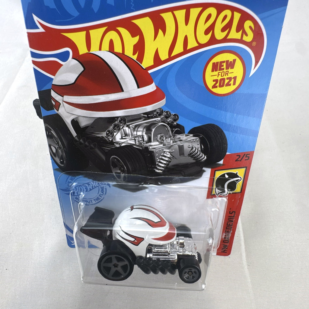 Hot Wheels 2021 Head Gasket white helmet diecast hot rod car in sealed original blister card packaging.