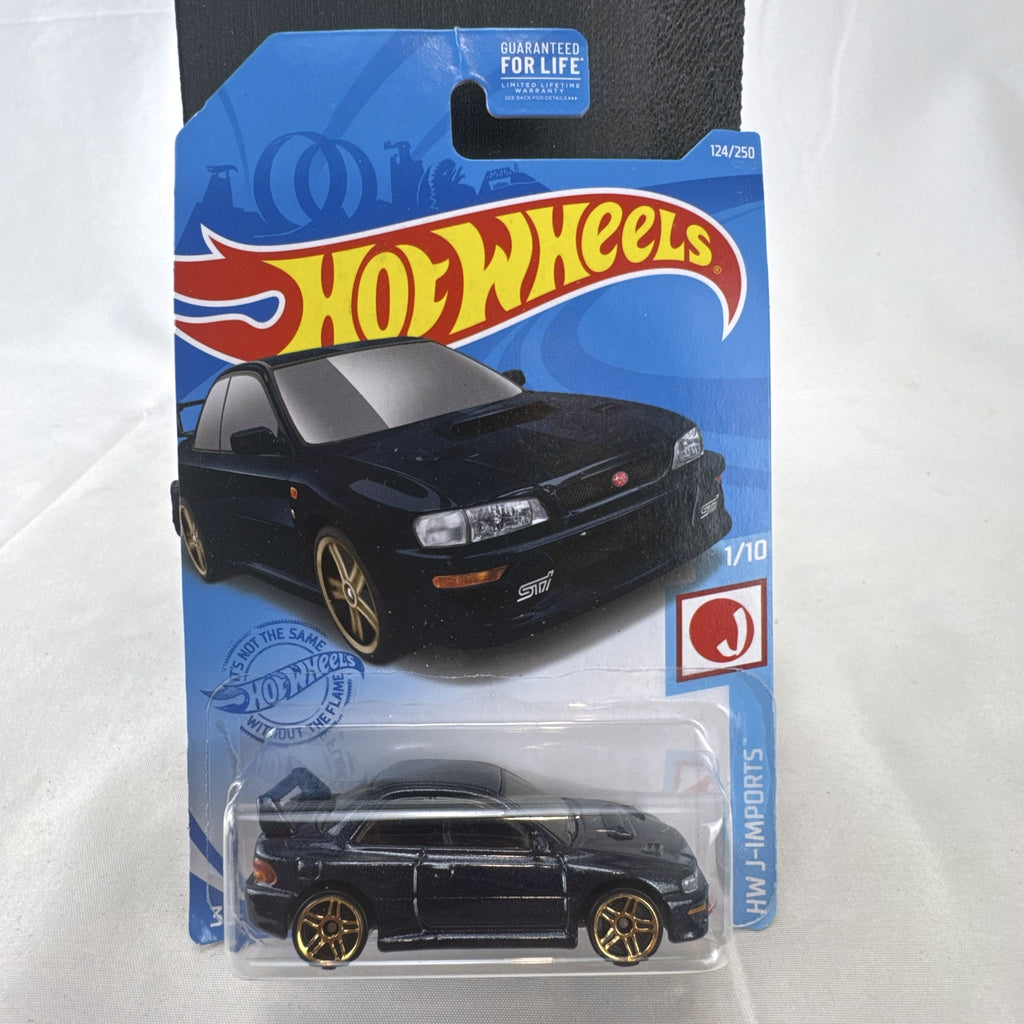 Hot Wheels 1998 Subaru Impreza 22B STi 1:64 scale diecast car in metallic blue on original card