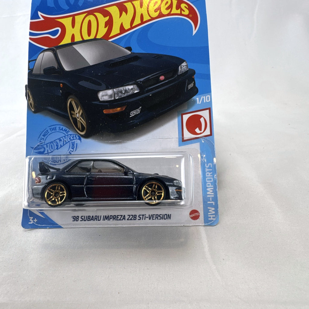 Hot Wheels 1998 Subaru Impreza 22B STi 1:64 scale diecast car in metallic blue on original card