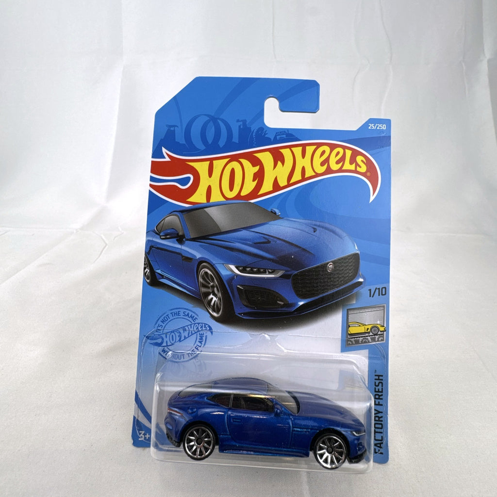Sealed Hot Wheels 2020 Jaguar F-Type 1:64 scale diecast car in metallic blue on original card packaging