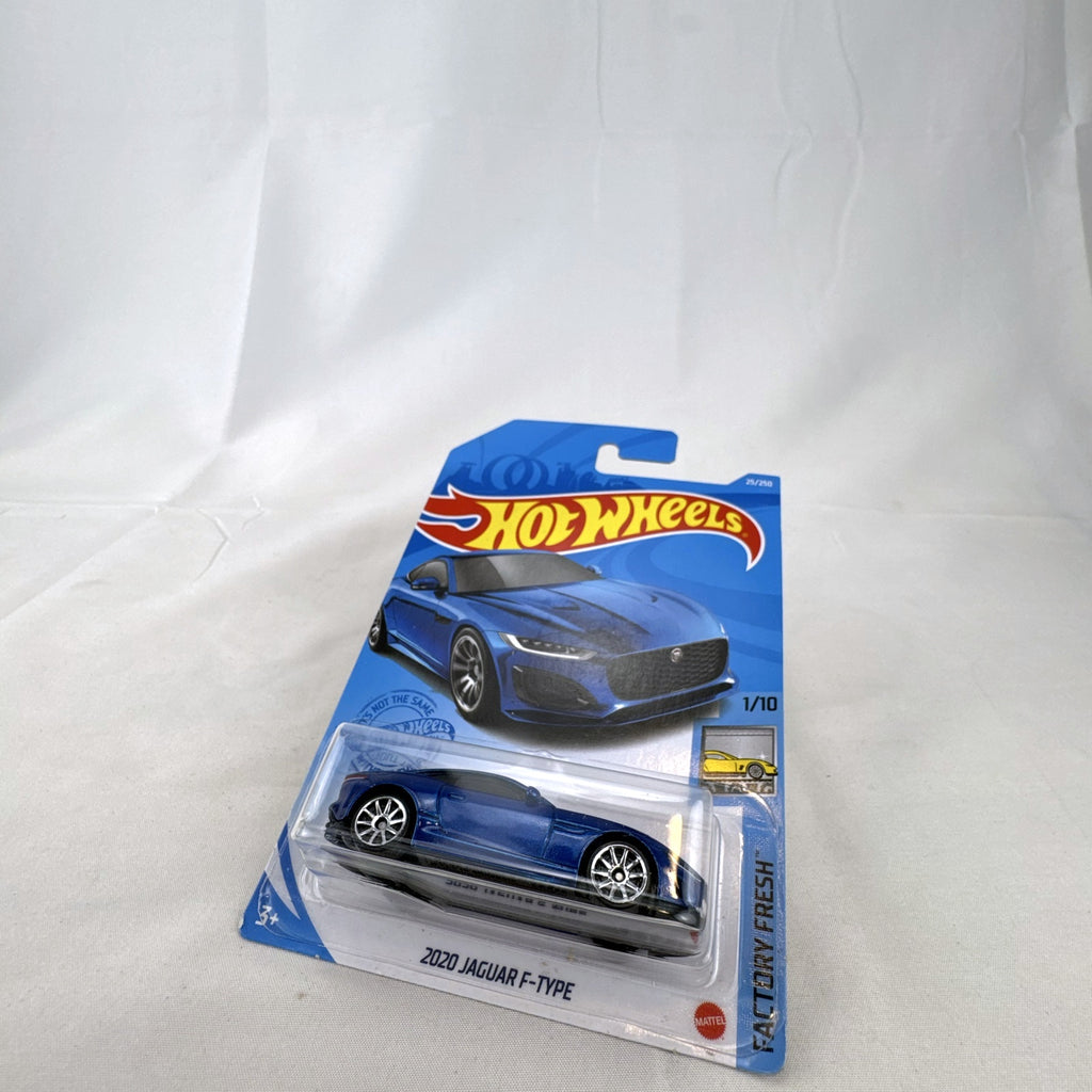 Sealed Hot Wheels 2020 Jaguar F-Type 1:64 scale diecast car in metallic blue on original card packaging