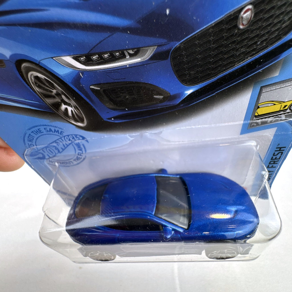 Sealed Hot Wheels 2020 Jaguar F-Type 1:64 scale diecast car in metallic blue on original card packaging