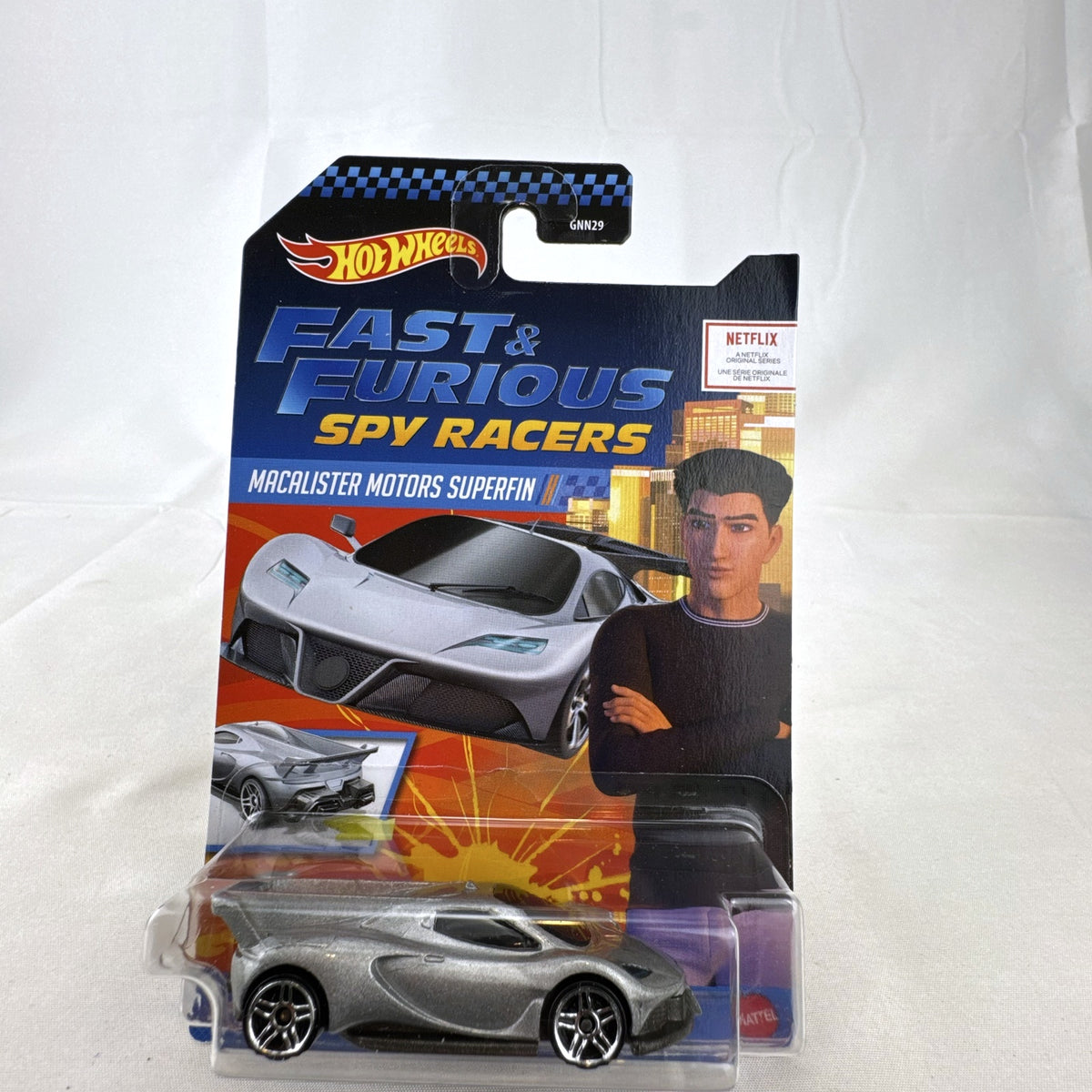 Hot Wheels Fast & Furious Spy Racers Macalister Motors Superfin diecast car in silver, 1:64 scale on blister card