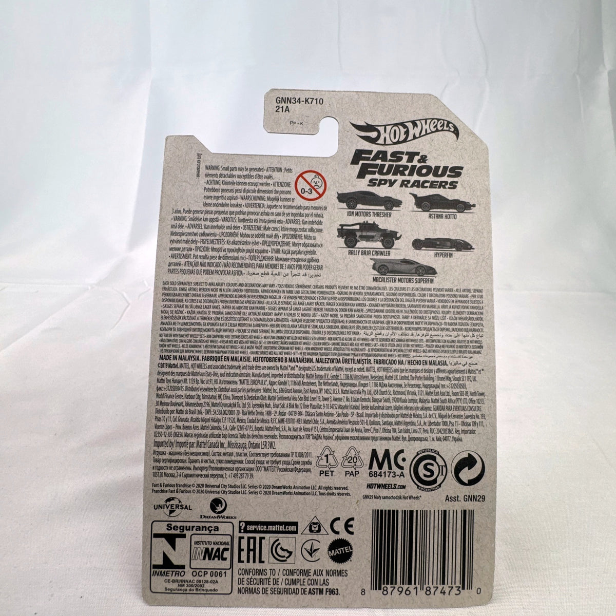 Hot Wheels Fast & Furious Spy Racers Macalister Motors Superfin diecast car in silver, 1:64 scale on blister card