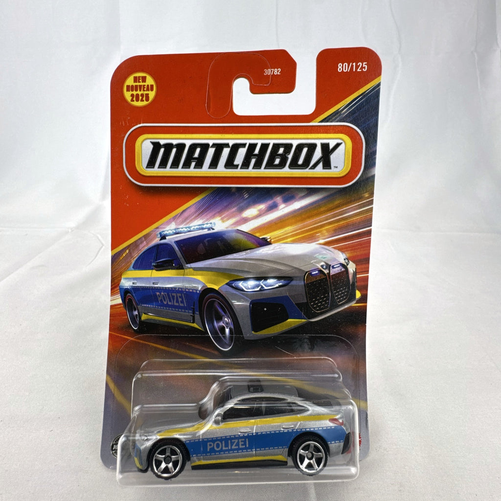 Matchbox 2023 BMW i4 German Polizei Police Sedan 1:64 scale diecast car in factory sealed blister package