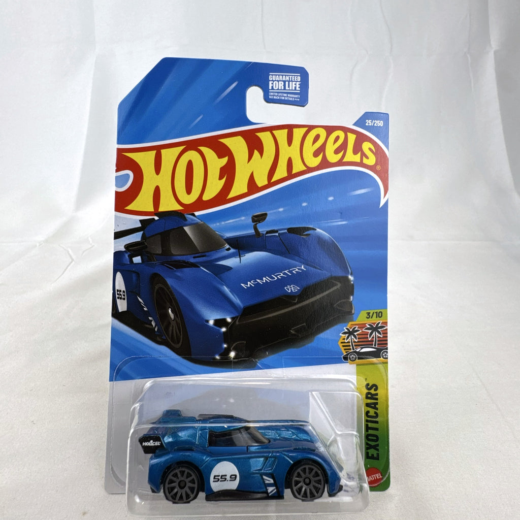 Hot Wheels McMurtry Speirling 1:64 scale diecast car in metallic blue, factory sealed on card