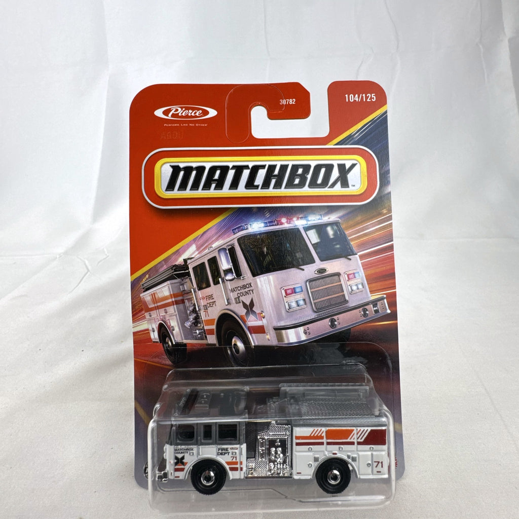 Matchbox Pierce Arrow XT Fire Engine diecast truck in white and grey, factory sealed on original card 104/125.