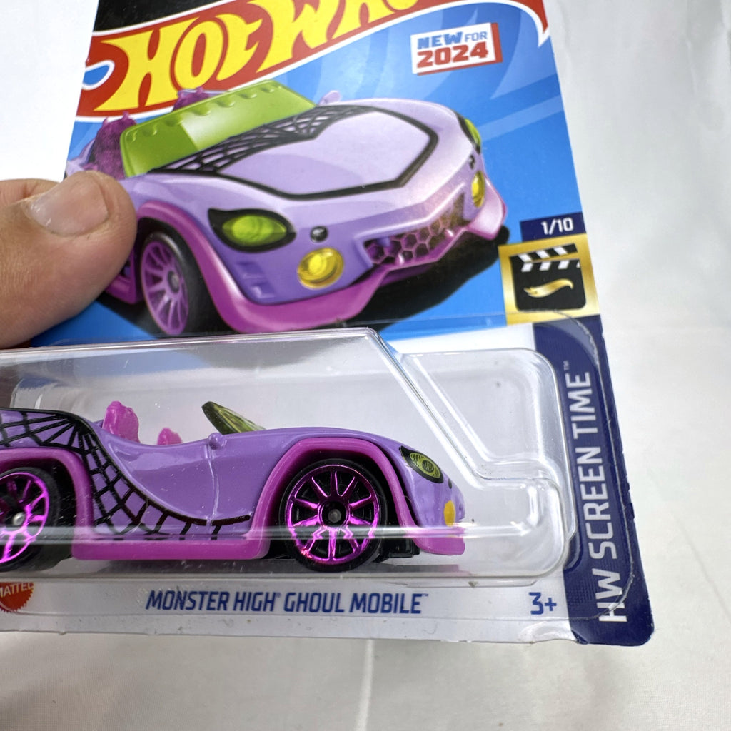 Hot Wheels 2024 Monster High Ghoul Mobile 1:64 diecast car sealed in original packaging.