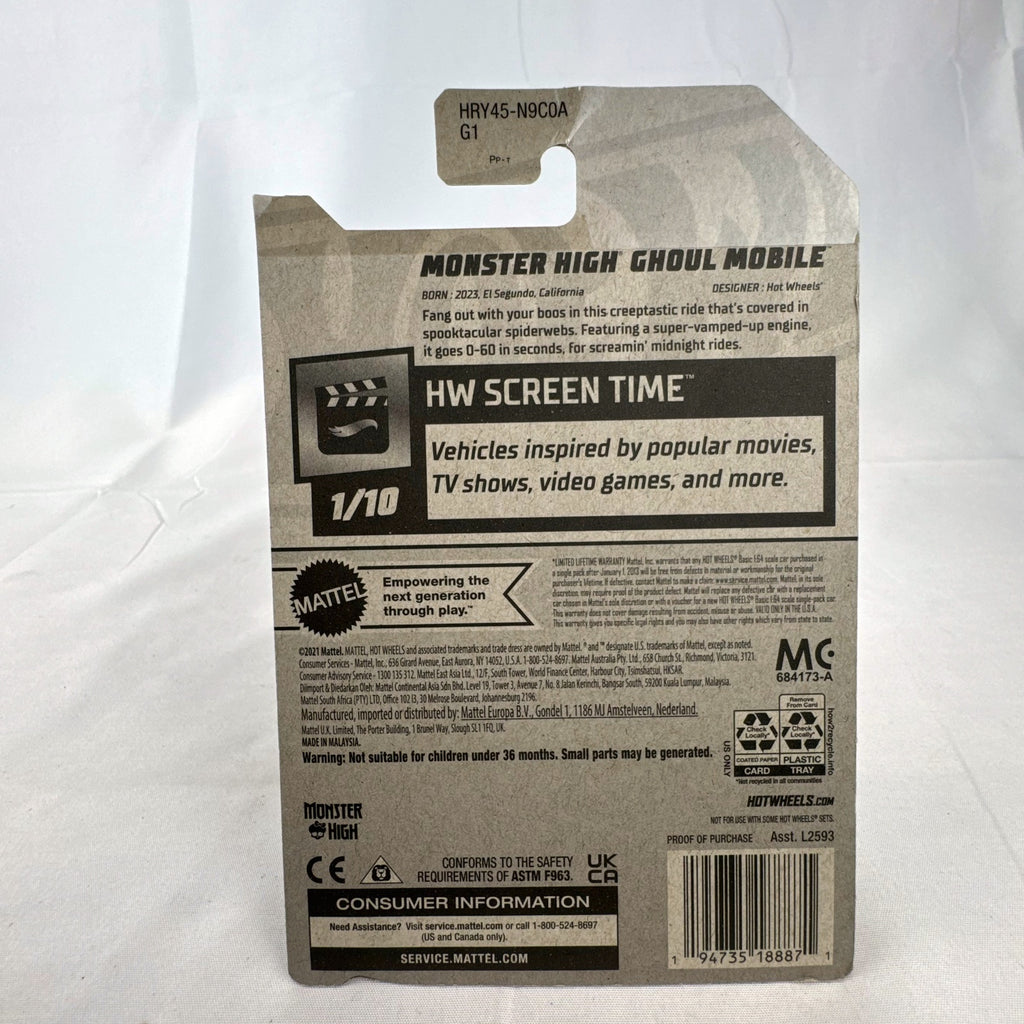 Hot Wheels 2024 Monster High Ghoul Mobile 1:64 diecast car sealed in original packaging.