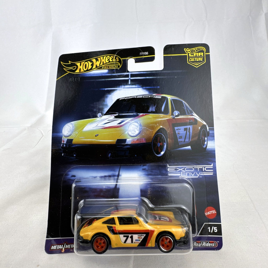Hot Wheels Car Culture Exotic Envy 1971 Porsche 911 diecast car in yellow racing livery sealed on card