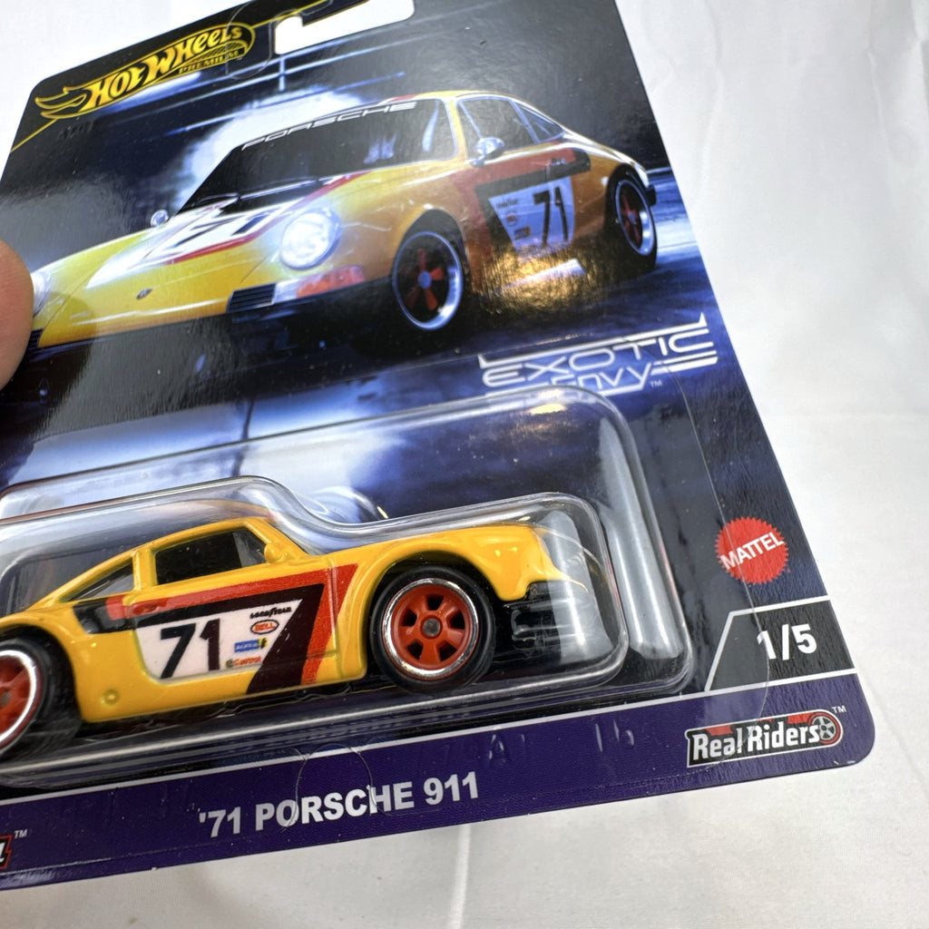 Hot Wheels Car Culture Exotic Envy 1971 Porsche 911 diecast car in yellow racing livery sealed on card