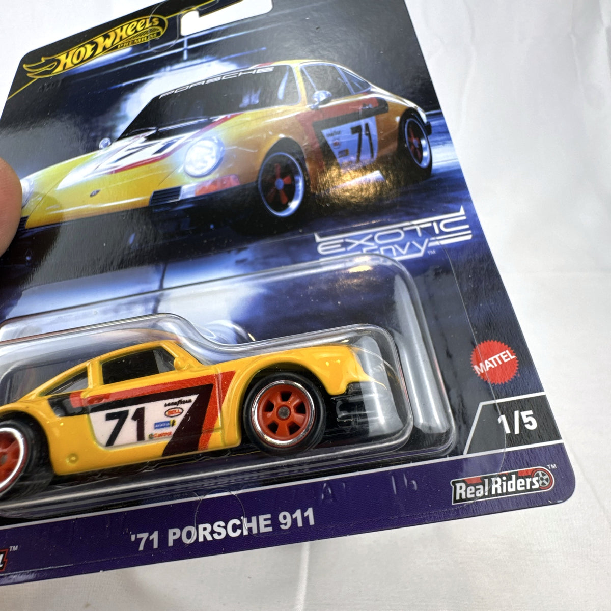 Hot Wheels Car Culture Exotic Envy 1971 Porsche 911 diecast car in yellow racing livery sealed on card