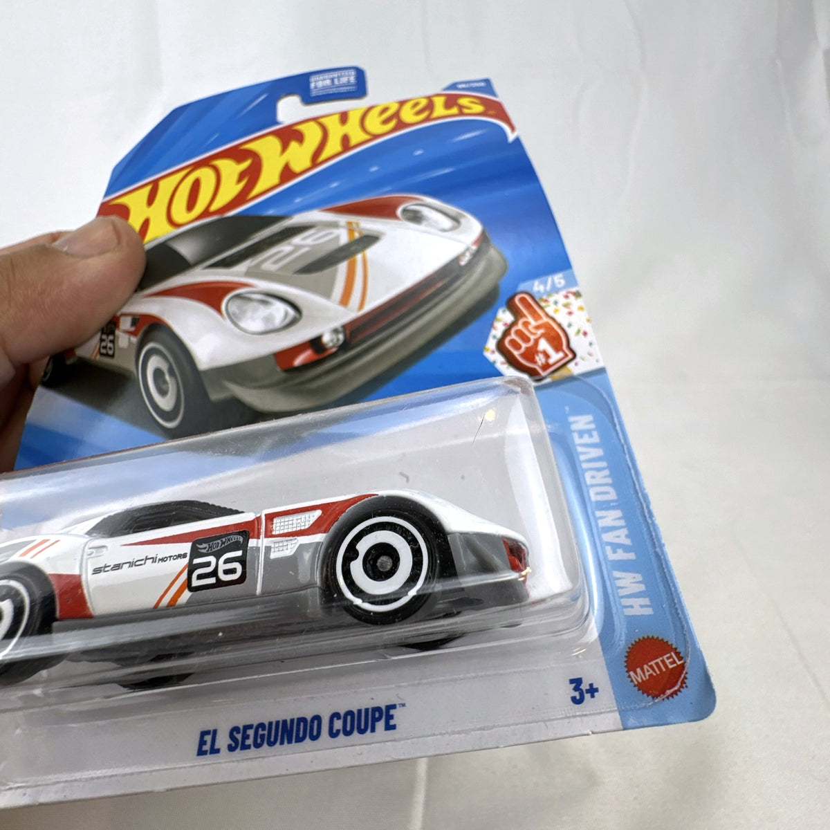 Hot Wheels El Segundo Coupe white 1:64 scale diecast car sealed in card packaging with number 26 racing livery