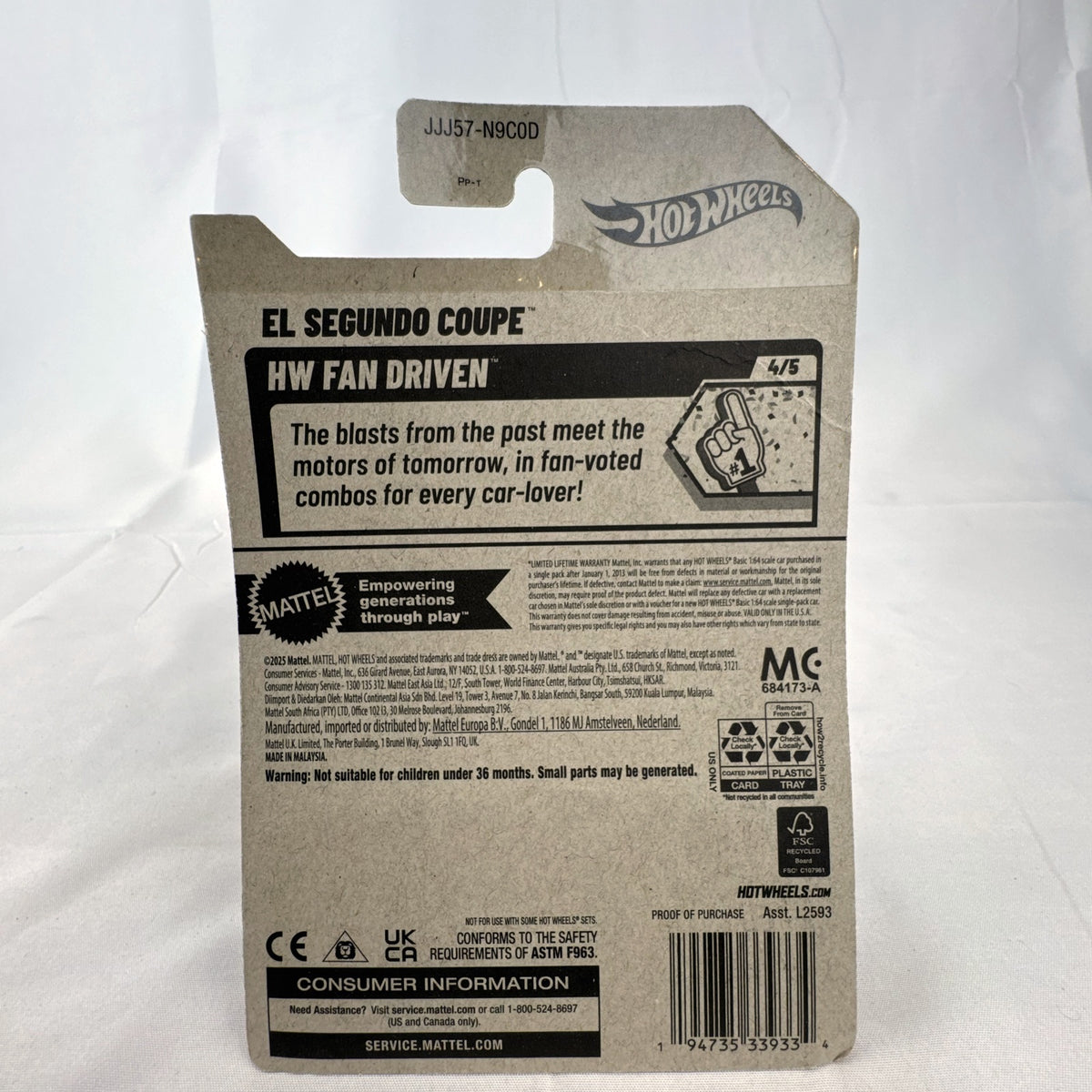 Hot Wheels El Segundo Coupe white 1:64 scale diecast car sealed in card packaging with number 26 racing livery