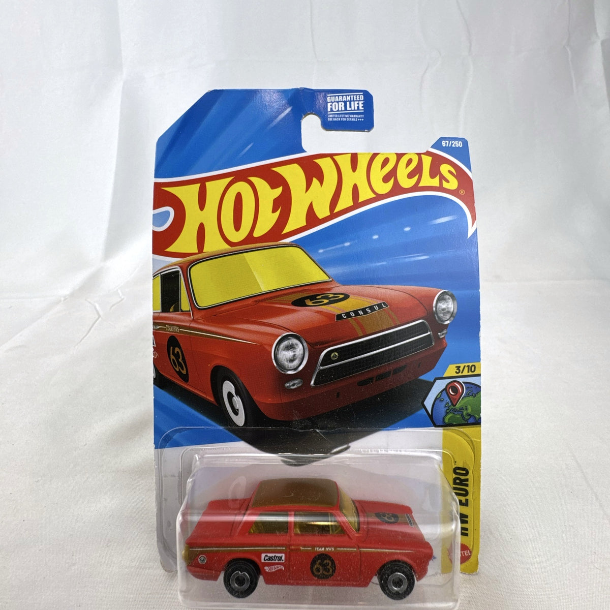 Hot Wheels Lotus Cortina HW Euro red diecast car in original sealed card packaging featuring Castrol #63 livery