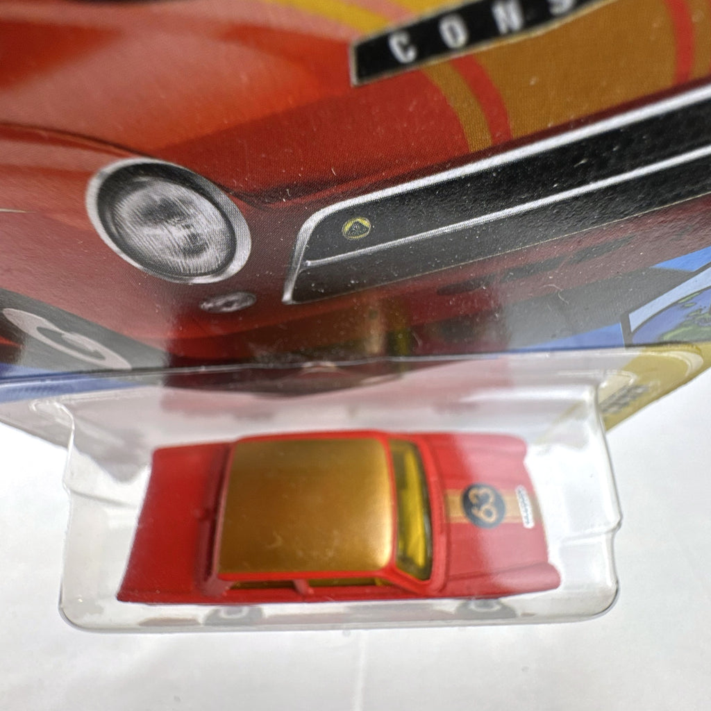Hot Wheels Lotus Cortina HW Euro red diecast car in original sealed card packaging featuring Castrol #63 livery