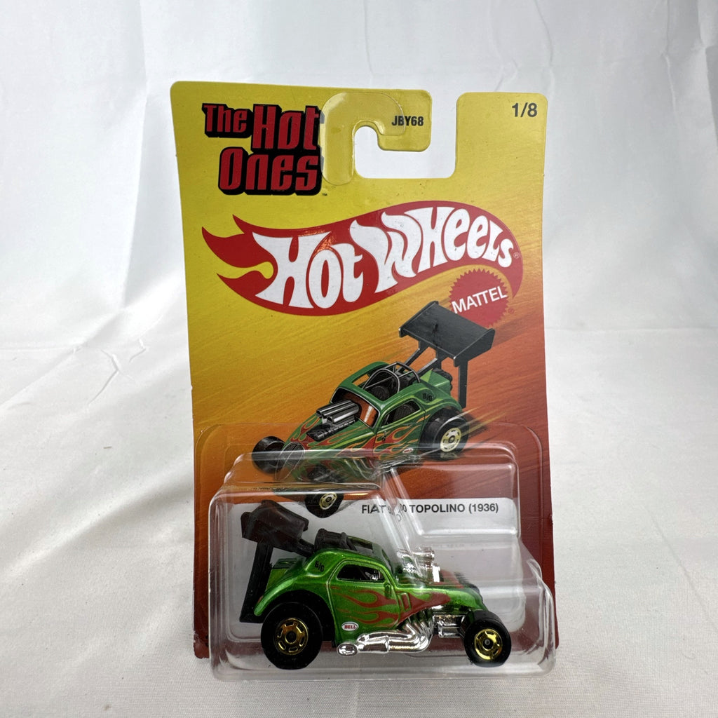 Hot Wheels 1936 Fiat 500 Topolino dragster in metallic green with red flames sealed on card.
